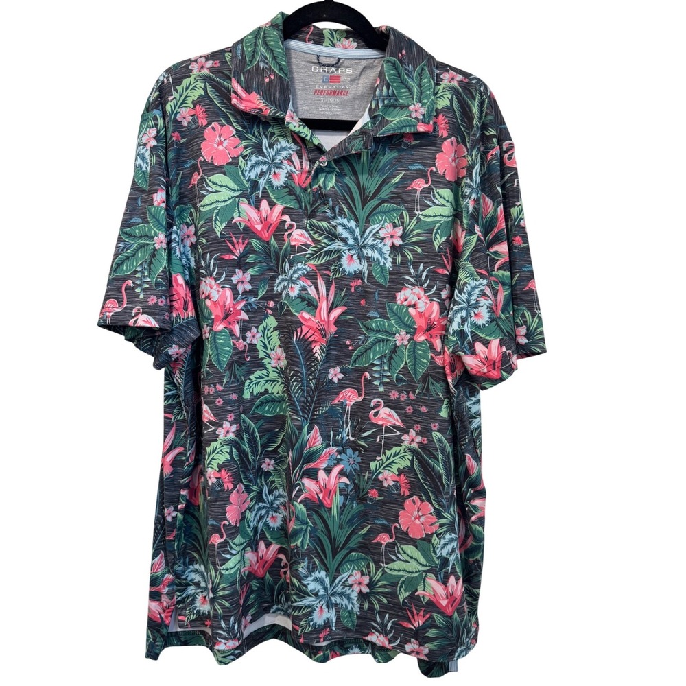 Chaps Mens XL Tropical Flamingo Floral Print Polo Shirt Performance‎